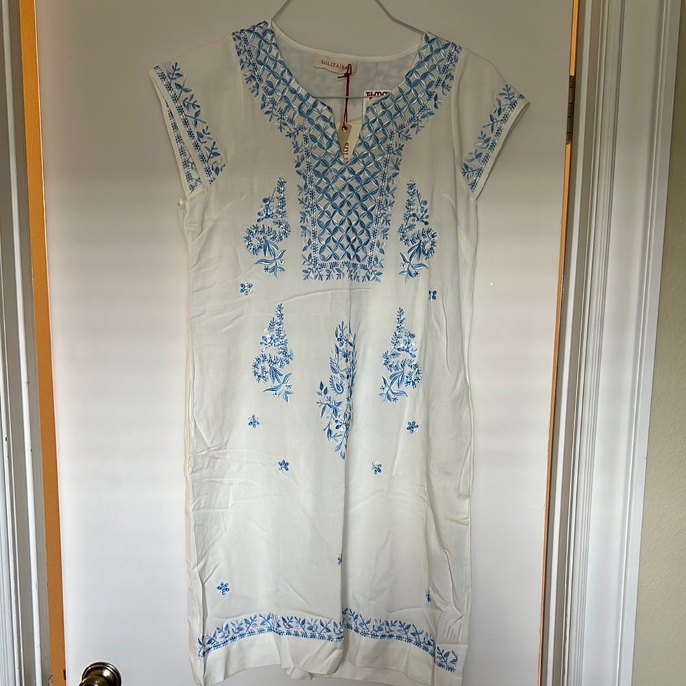 White and Blue Embroidered Dress